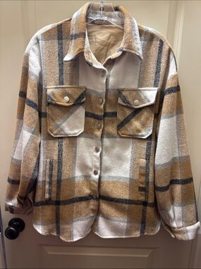 Plaid Utility Shacket Jacket - Tan & Cream